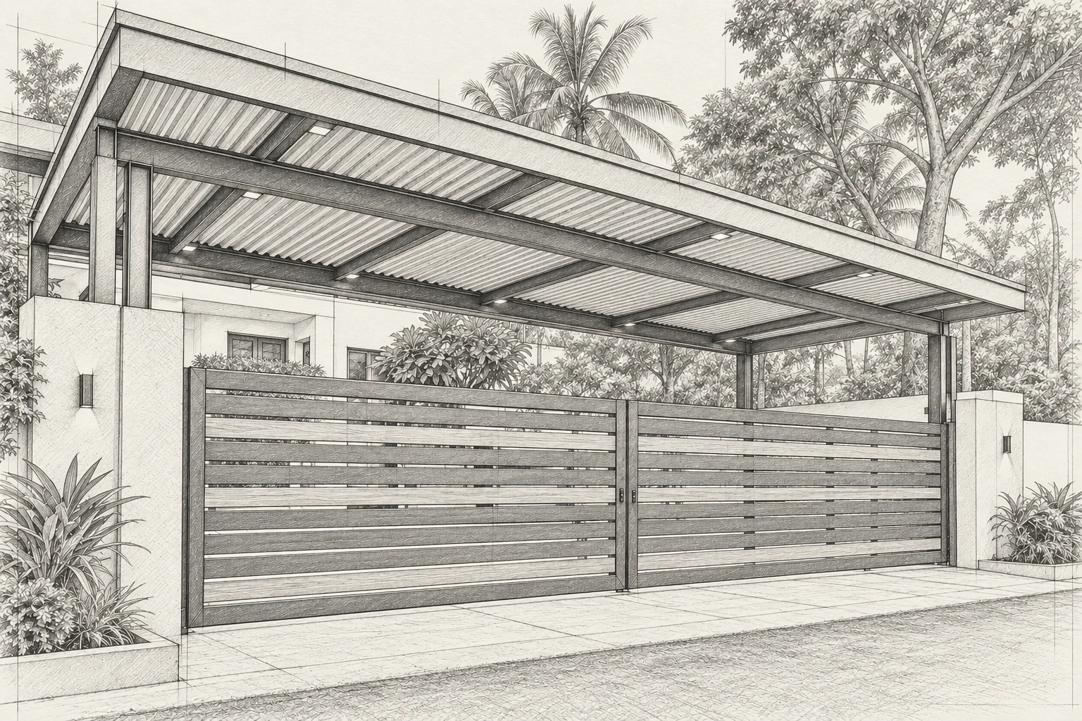Architectural pencil sketch of the same gate and roof canopy